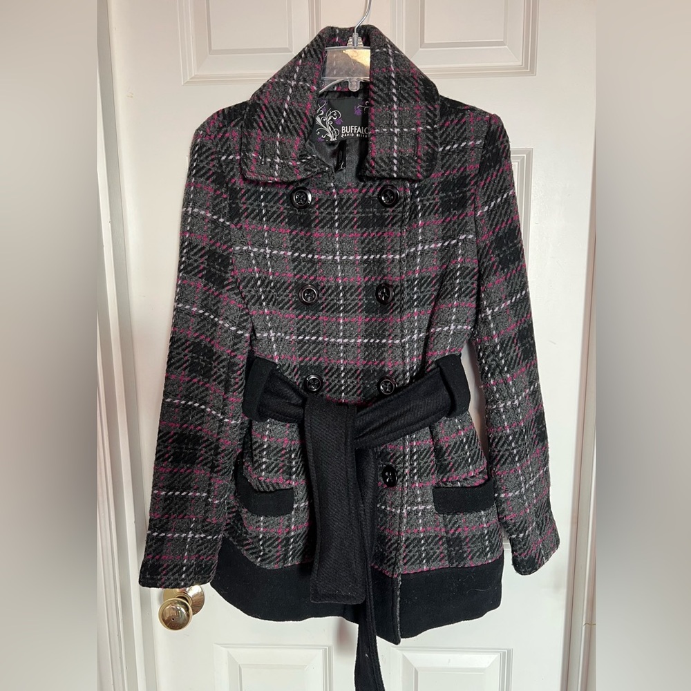 Buffalo David Bitton Women's Plaid Pea Coat - Black, Pink, and Gray